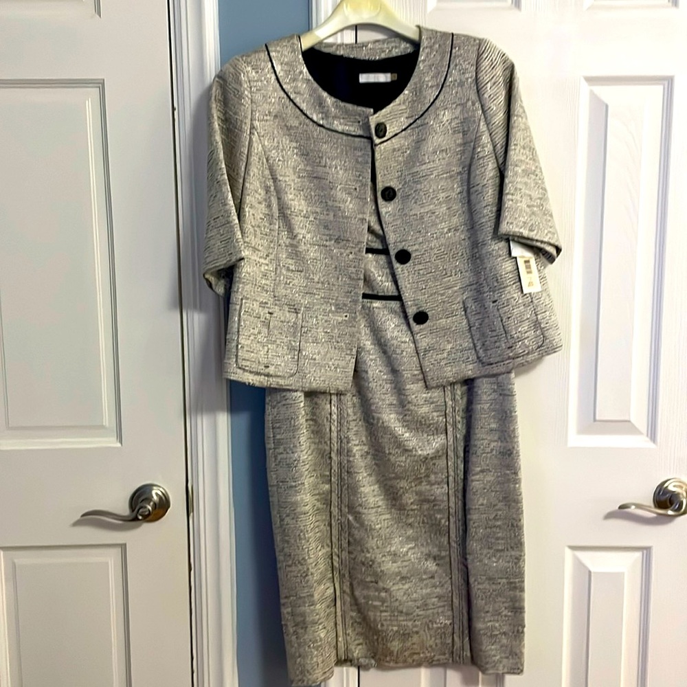 Badgley Mischka Silver Metallic Tweed Pencil Dress and Jacket